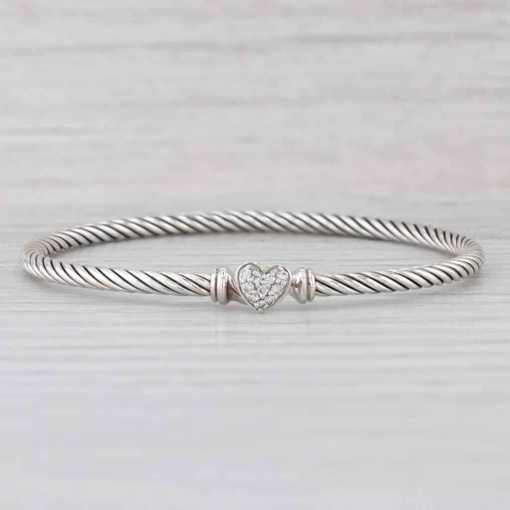 David Yurman Diamond Heart Classic Cable Bangle Bracelet Sterling Silver 6.25"