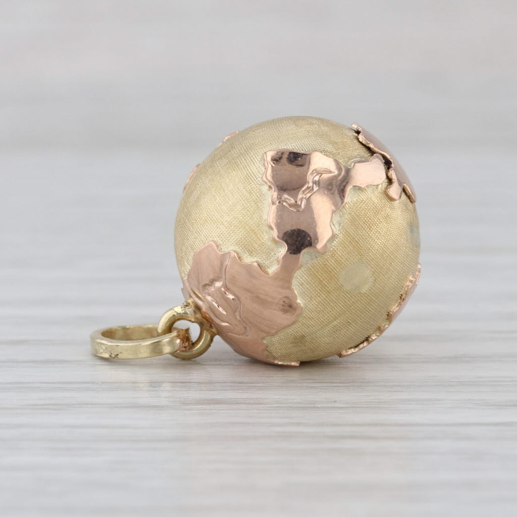 Vintage Globe Charm 14k Yellow Rose Gold 3D Pendant Italian