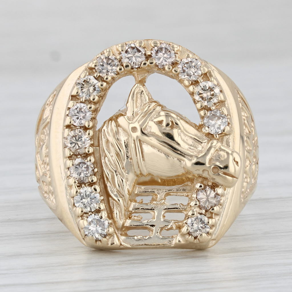 Light Gray 0.90ctw Diamond Horseshoe Horse Ring 14k Yellow Gold Men's Size 11 Western