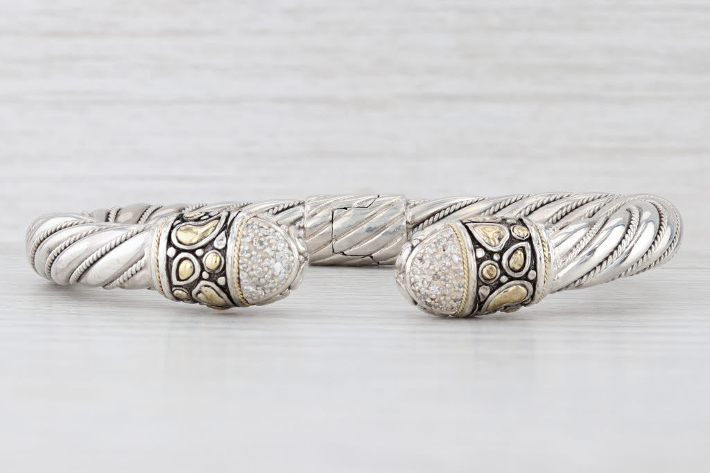 Light Gray Samuel Benham 0.19ct Diamond Cuff Bracelet Sterling Silver 18k Gold Hinged 7.25"