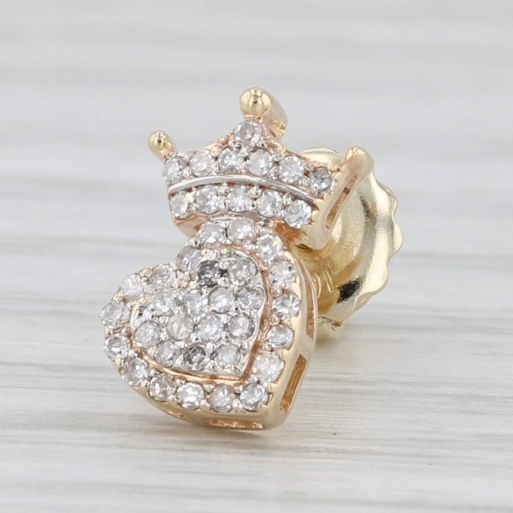 Light Gray Single 0.15ctw Diamond Crown Heart Stud Earring 10k Yellow Gold
