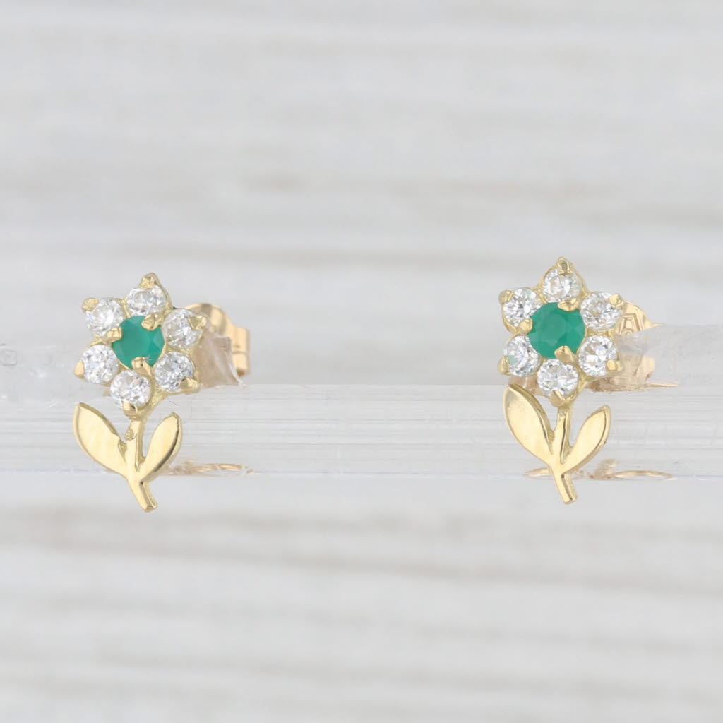 Light Gray Green Chalcedony Cubic Zirconia Flower Stud Earrings 18k Yellow Gold