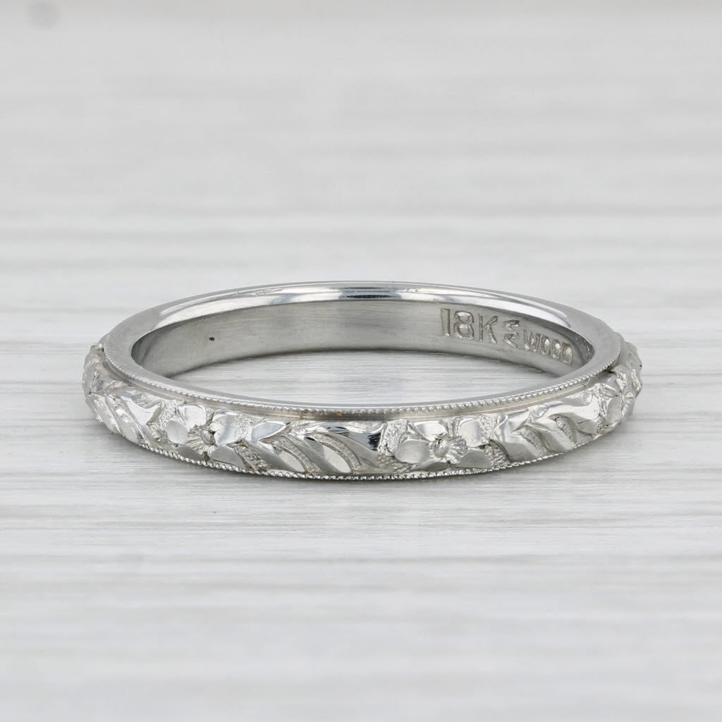 Light Gray Art Deco Floral Women's Wedding Band 18k White Gold Size 6.5 Stackable Ring