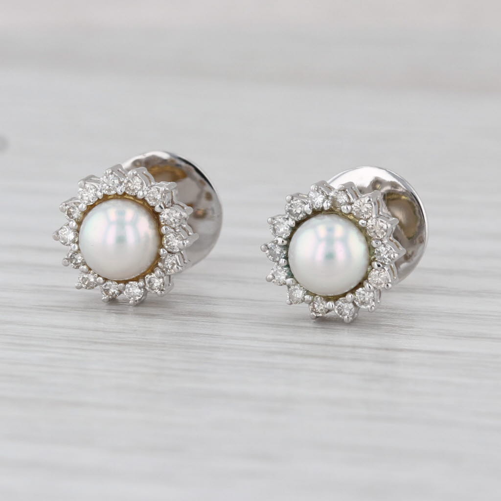 0.30ctw Diamond Halo Cultured Pearl Stud Earrings 10k White Gold Round Studs