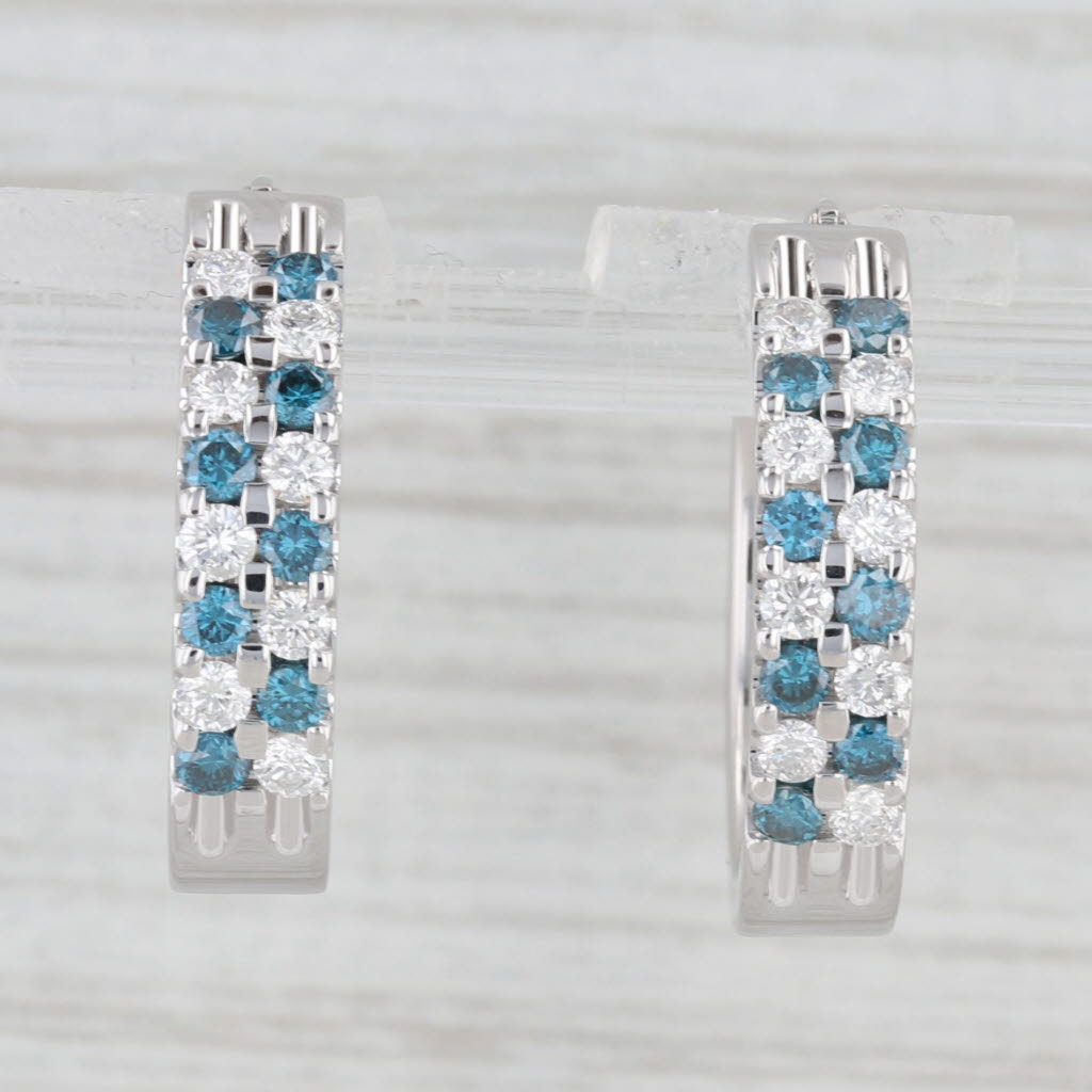 Light Gray 0.96ctw Blue White Diamond Hoop Earrings 14k White Gold Snap Top Round Hoops