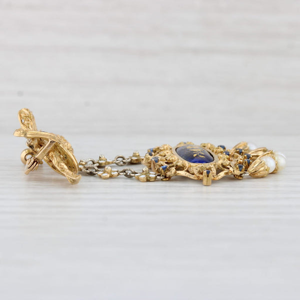 Antique Ornate Flower Brooch 18k Gold Pearls Sapphires Fringed Pin