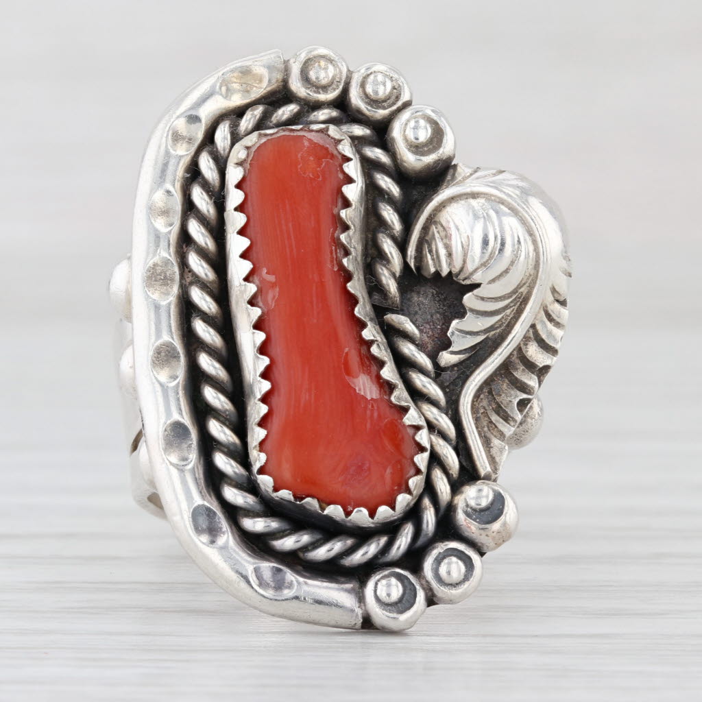 Large Vintage Native American Coral Ring Sterling Silver Sz 10.5 Artisan Signed