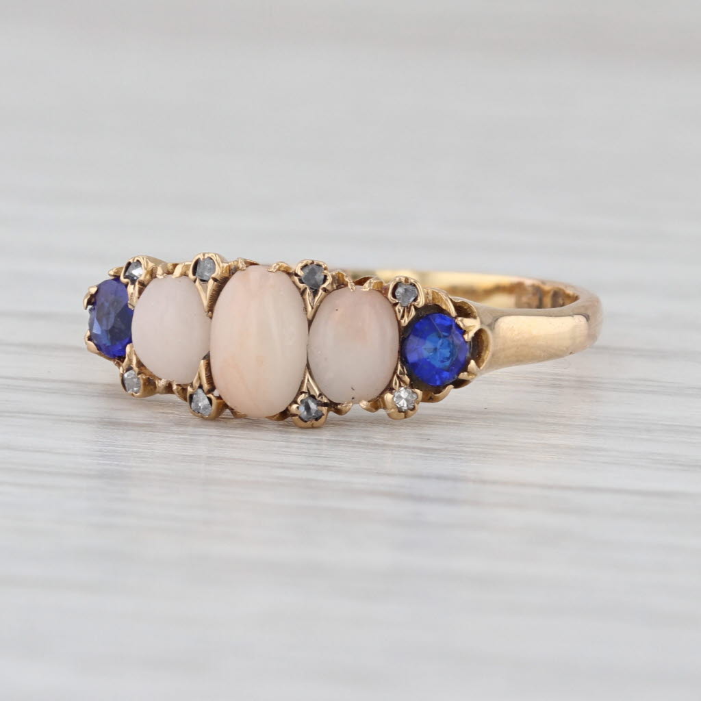 Victorian Antique Garnet Coral Diamond Ring 18k Yellow Gold Size 8.25