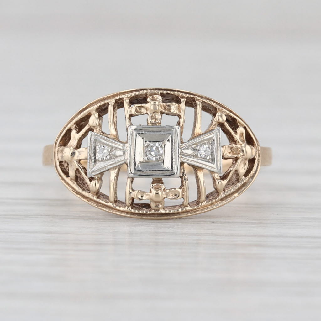 Vintage Floral Art Deco Diamond Filigree Ring 10k Yellow White Gold Size 5