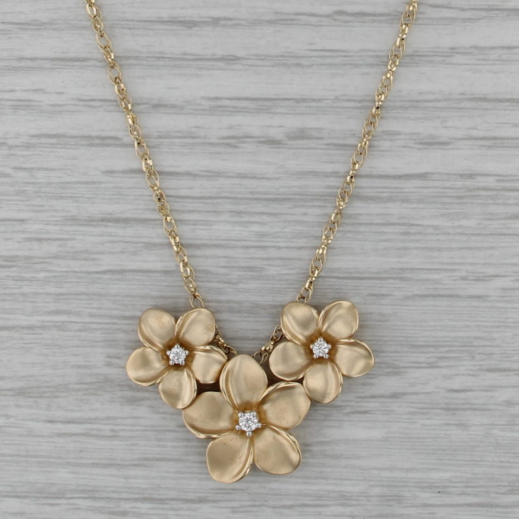 Maui Divers 0.15ctw Diamond Plumeria Flower Pendant Necklace 14k Yellow Gold 18"