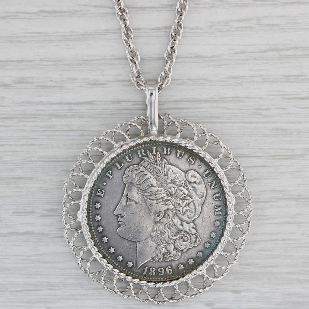 Gray Large 1896 One Dollar Coin Pendant Rope Chain Necklace Sterling Silver 24"