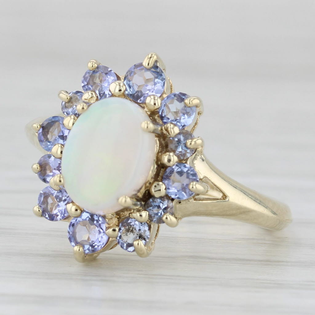Oval Cabochon Opal Tanzanite Halo Ring 14k Yellow Gold Size 6.25
