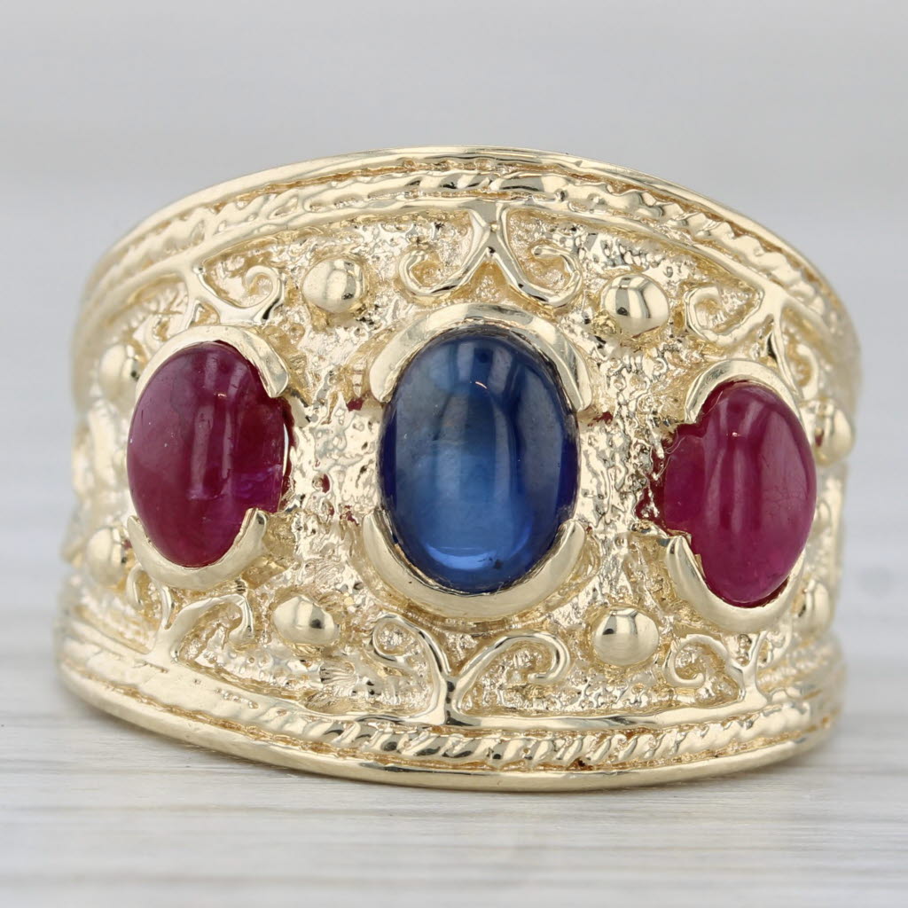 Gray Blue Sapphire Ruby Ring 14k Yellow Gold Size 7 Orange 3-Stone