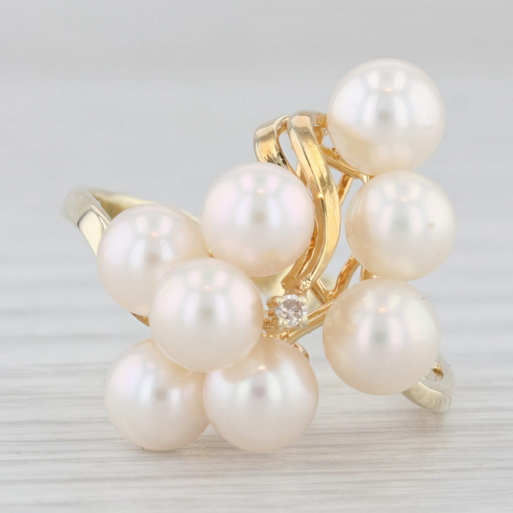 Light Gray Pearl Cluster Ring 14k Yellow Gold Size 7.5 Diamond Accent