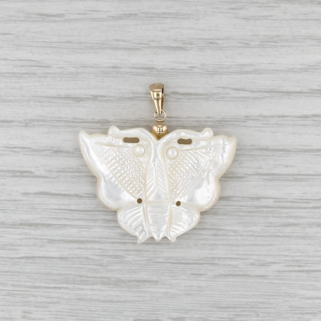 Carved Mother of Pearl Butterfly Pendant 14k Yellow Gold
