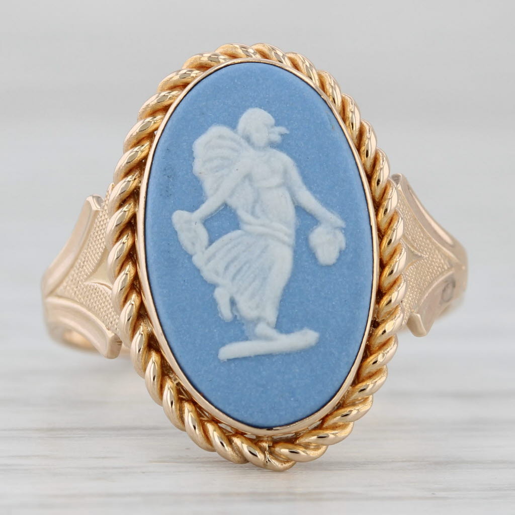 Gray Wedgewood Ceramic Figural Cameo Ring Vintage British 14k Yellow Gold Sz 6.25