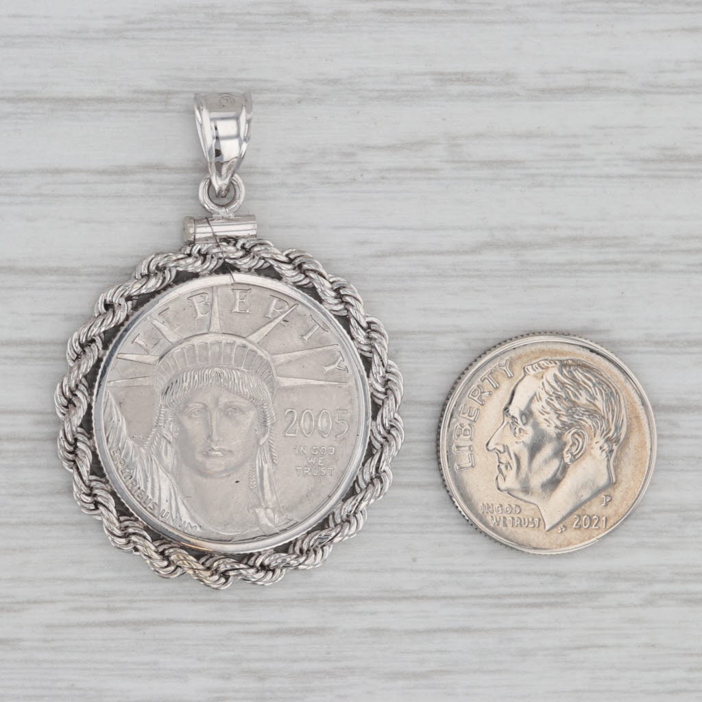 Gray 2005 Platinum 25 Dollar American Eagle Coin Pendant 14k Gold Bezel 1/4 oz