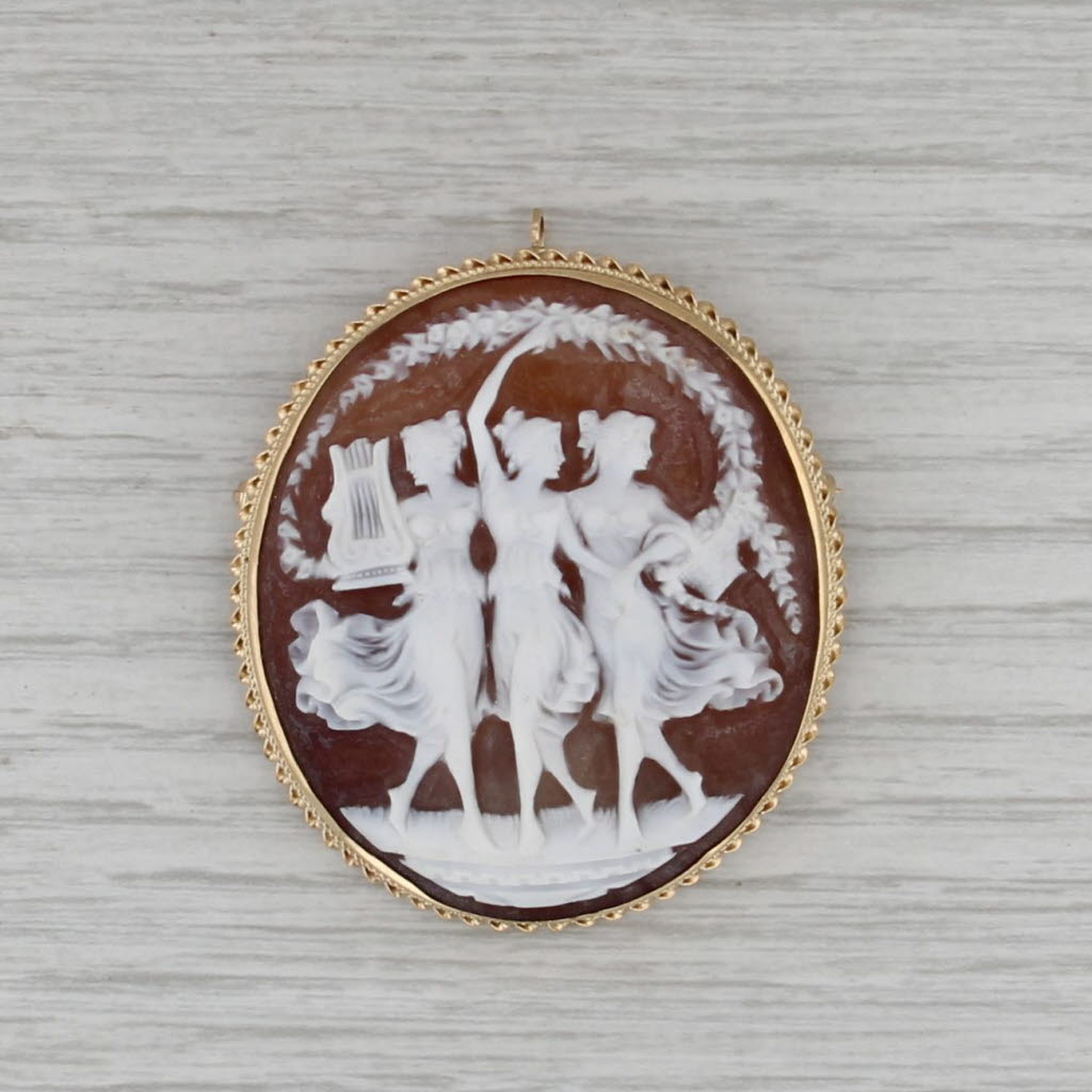 Three Graces Cameo Brooch 14k Yellow Gold Vintage Carved Shell Pendant Pin