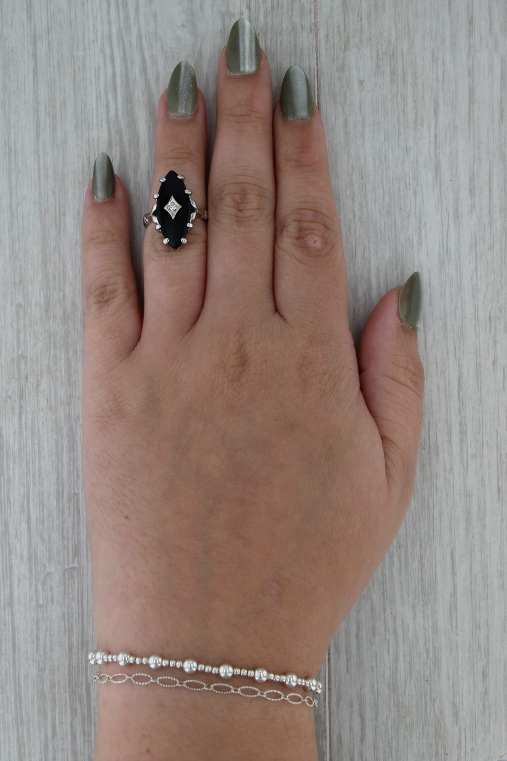 Marquise Onyx Signet Ring 10k White Gold Size 5.5 Diamond Accent
