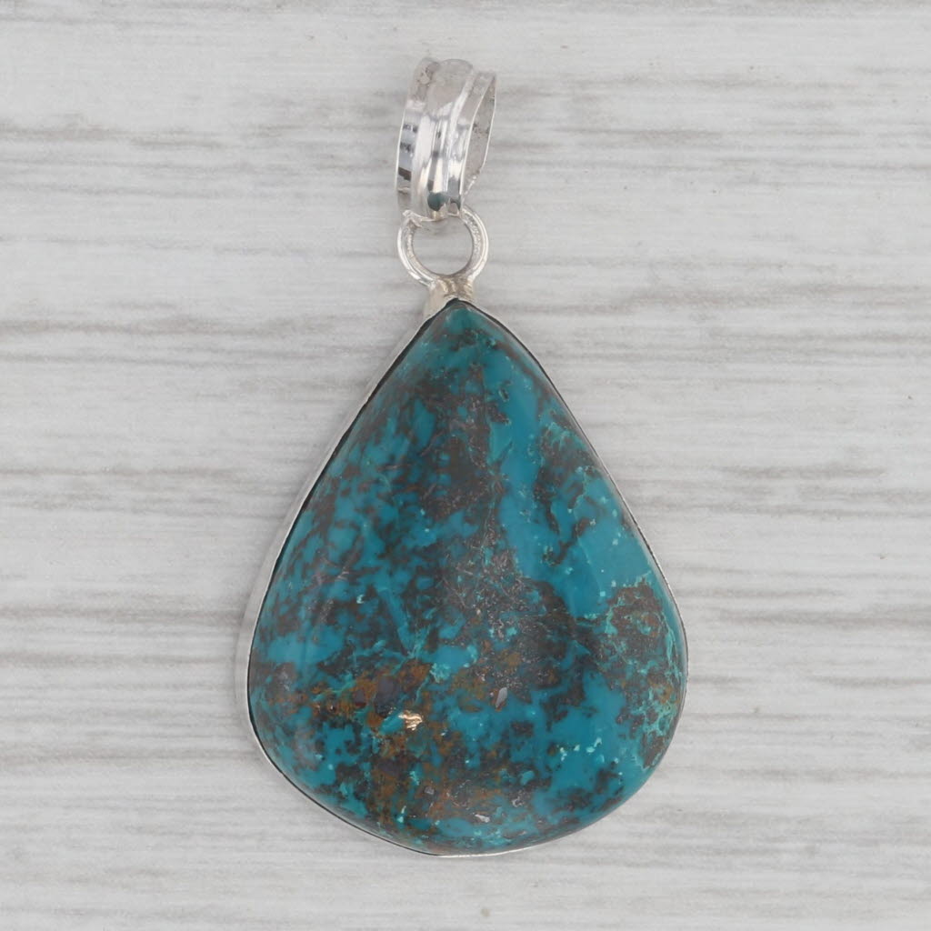 Gray Teal Chrysocolla Teardrop Pendant Sterling Silver Pear Cabochon