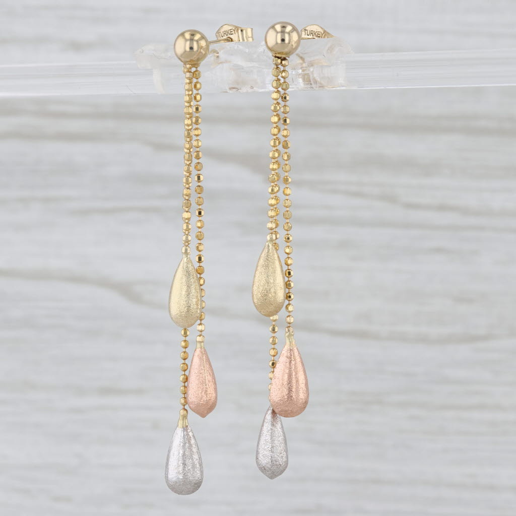Tri-Toned Teardrop Chain Dangle Earrings 14k Yellow Rose White Gold Drops