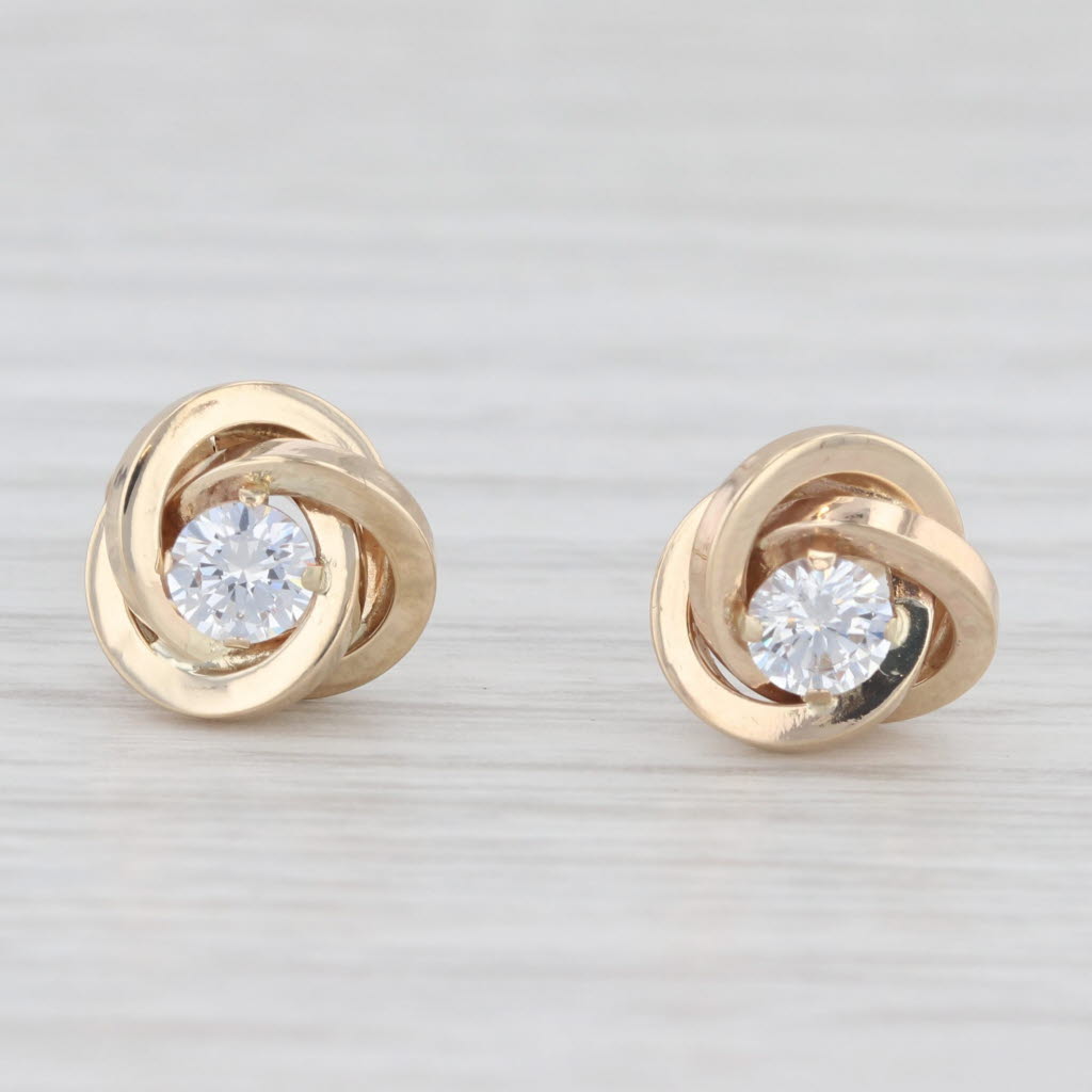 Light Gray Cubic Zirconia Solitaire Knot Stud Earrings 14k Yellow Gold