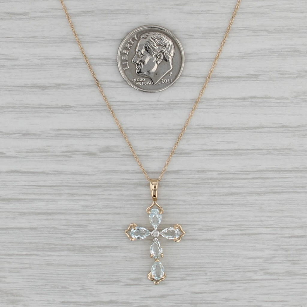 1ctw Aquamarine Cross Pendant Necklace 14k Yellow Gold 18.25" Rope Chain