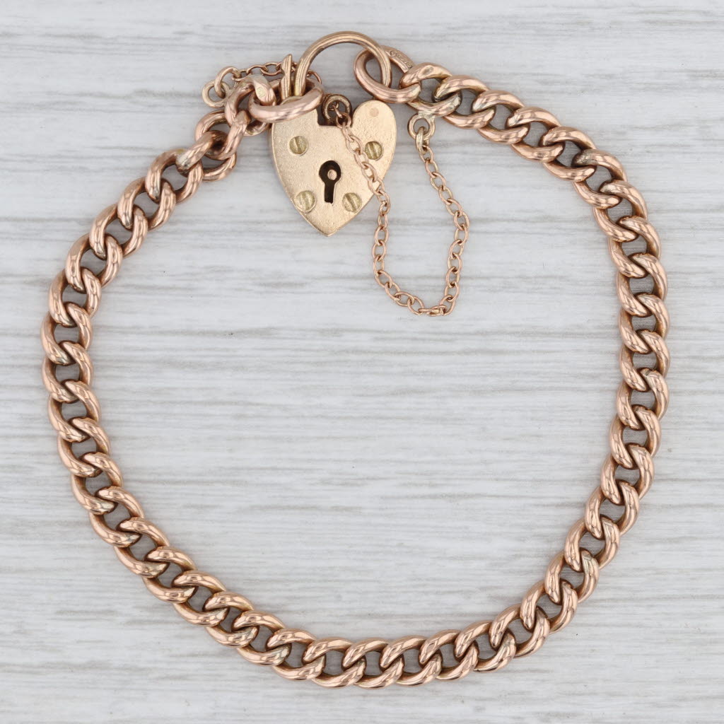 Antique Padlock Heart Clasp Charm Bracelet 9k Rose Gold Curb Chain 7.25"