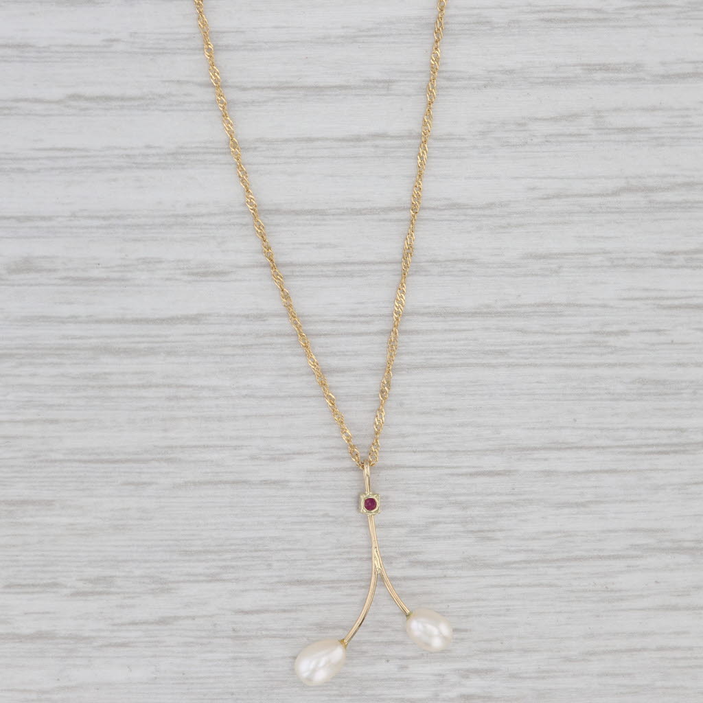 Light Gray Cultured Pearl Ruby Pendant Necklace 14k Yellow Gold 18" Singapore Chain