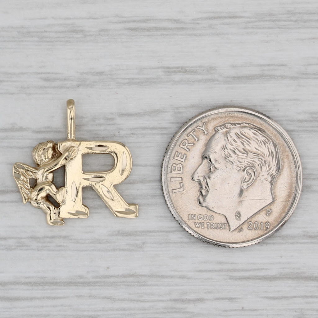 Gray Initial Letter "R" Guardian Angel Pendant 10k Yellow Gold Cherub Charm