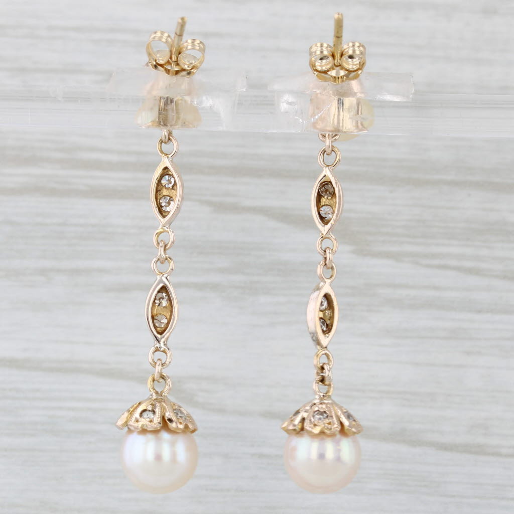 Light Gray Vintage Cultured Pearl 0.25ctw Diamond Dangle Earrings 14k Yellow Gold