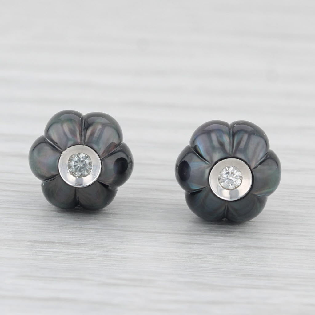 Light Gray New Cultured Black Pearl Dark Poppy Diamond Stud Earrings 14k Gold Galatea