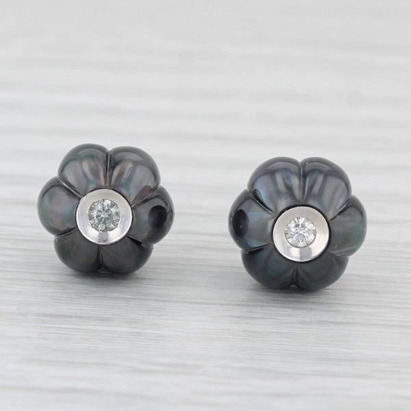 New Cultured Black Pearl Dark Poppy Diamond Stud Earrings 14k Gold Galatea