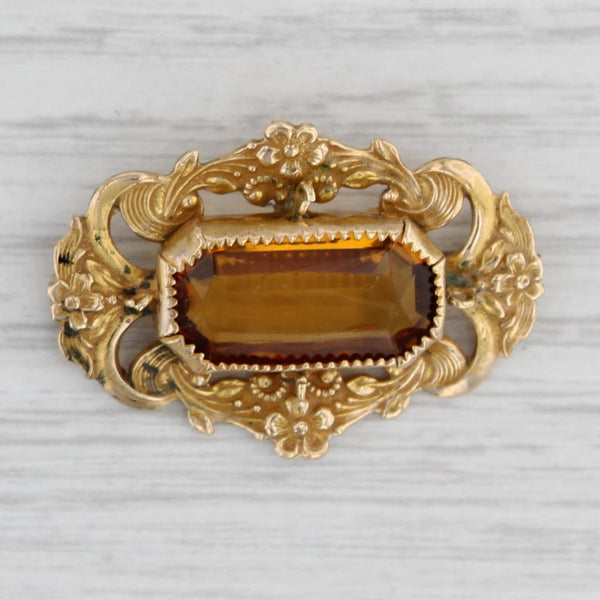 Gray Ornate Antique Floral Orange Glass Brooch Gold Filled Pin