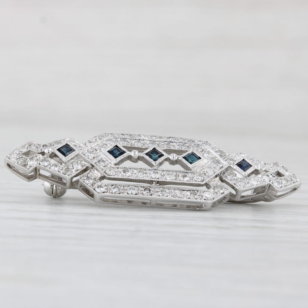 Light Gray 0.95ctw Blue Sapphire Diamond Brooch 14k White Gold Pin