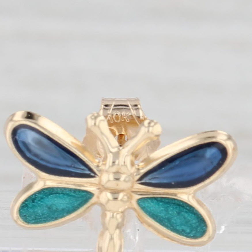 Light Gray Dragonfly Stud Earrings 14k Yellow Gold Blue Enamel Insect Jewelry