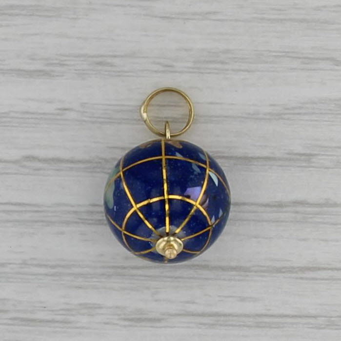 Stone Mosaic Globe Pendant 18k Yellow Gold 3D Spins Charm Mother of Pearl Resin