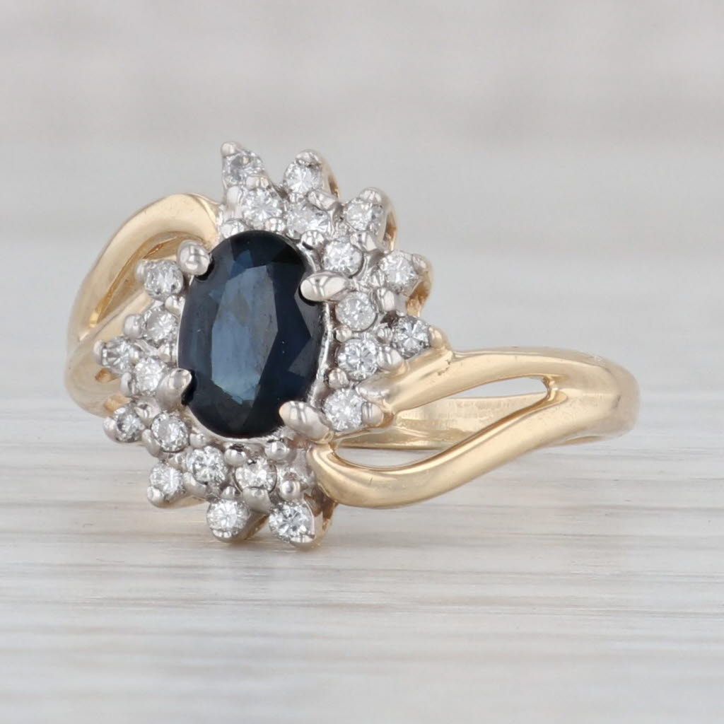 Gray 0.90ctw Oval Blue Sapphire Diamond halo Ring 14k Yellow Gold Bypass Size 7