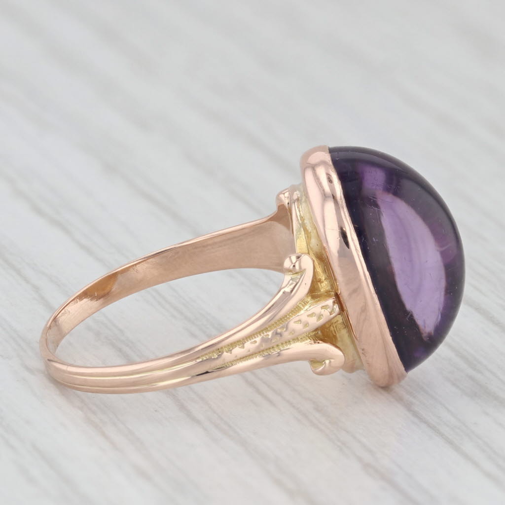 Light Gray Vintage Amethyst Oval Cabochon Solitaire Ring 14k Rose Yellow Gold Size 5.75