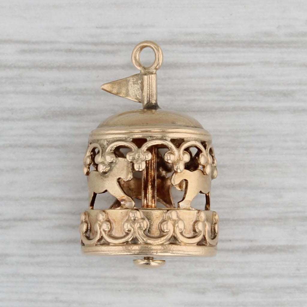 Gray Carousel Charm 14k Yellow Gold 3D Spins Vintage Pendant