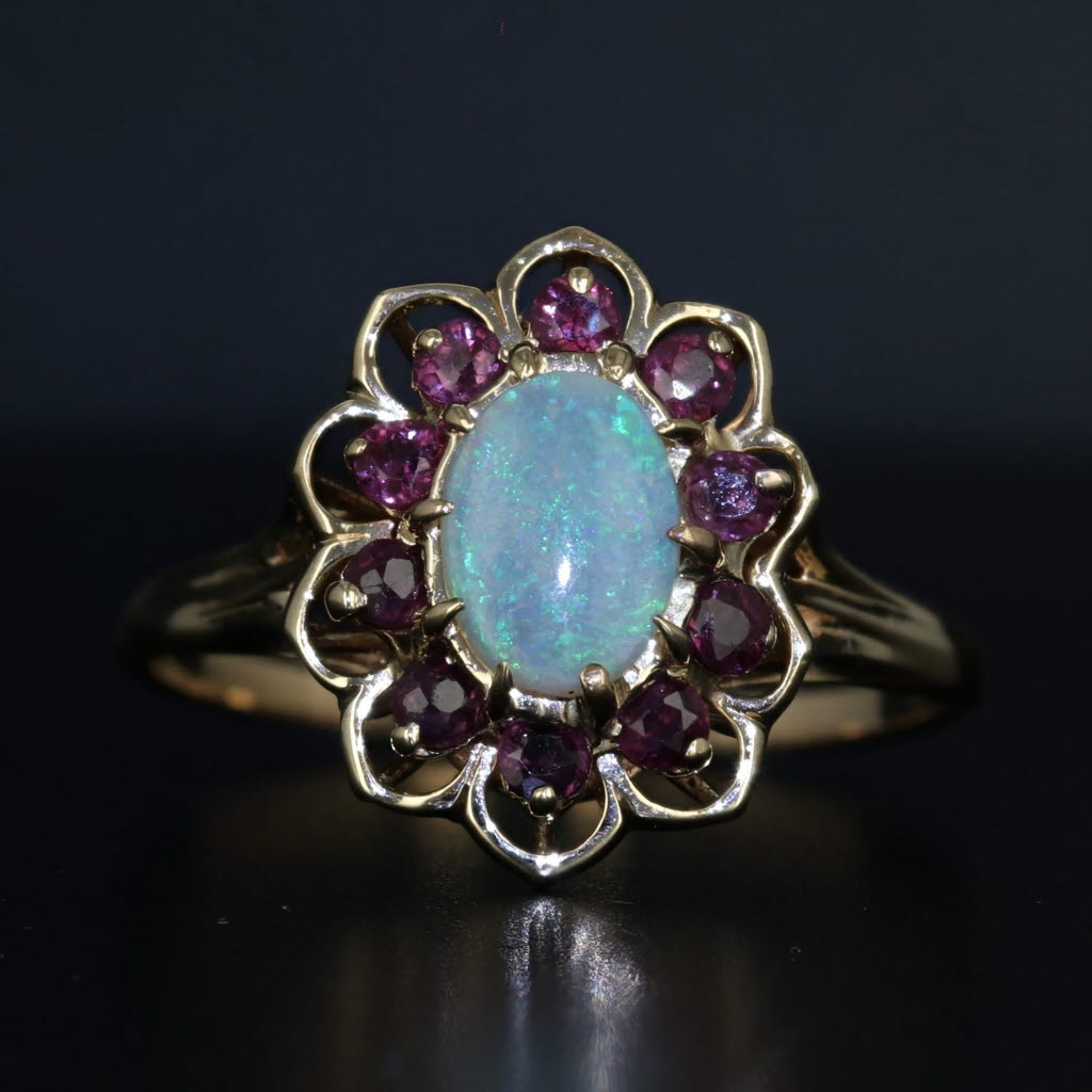 Black Opal Ruby Halo Flower Ring 14k Yellow Gold Size 10.5 Oval Cabochon