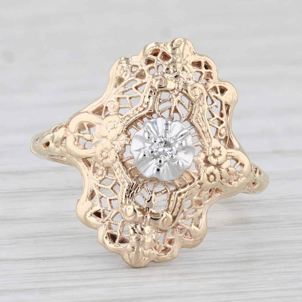 Light Gray Vintage Diamond Filigree Ring 14k Yellow Gold Size 8.5