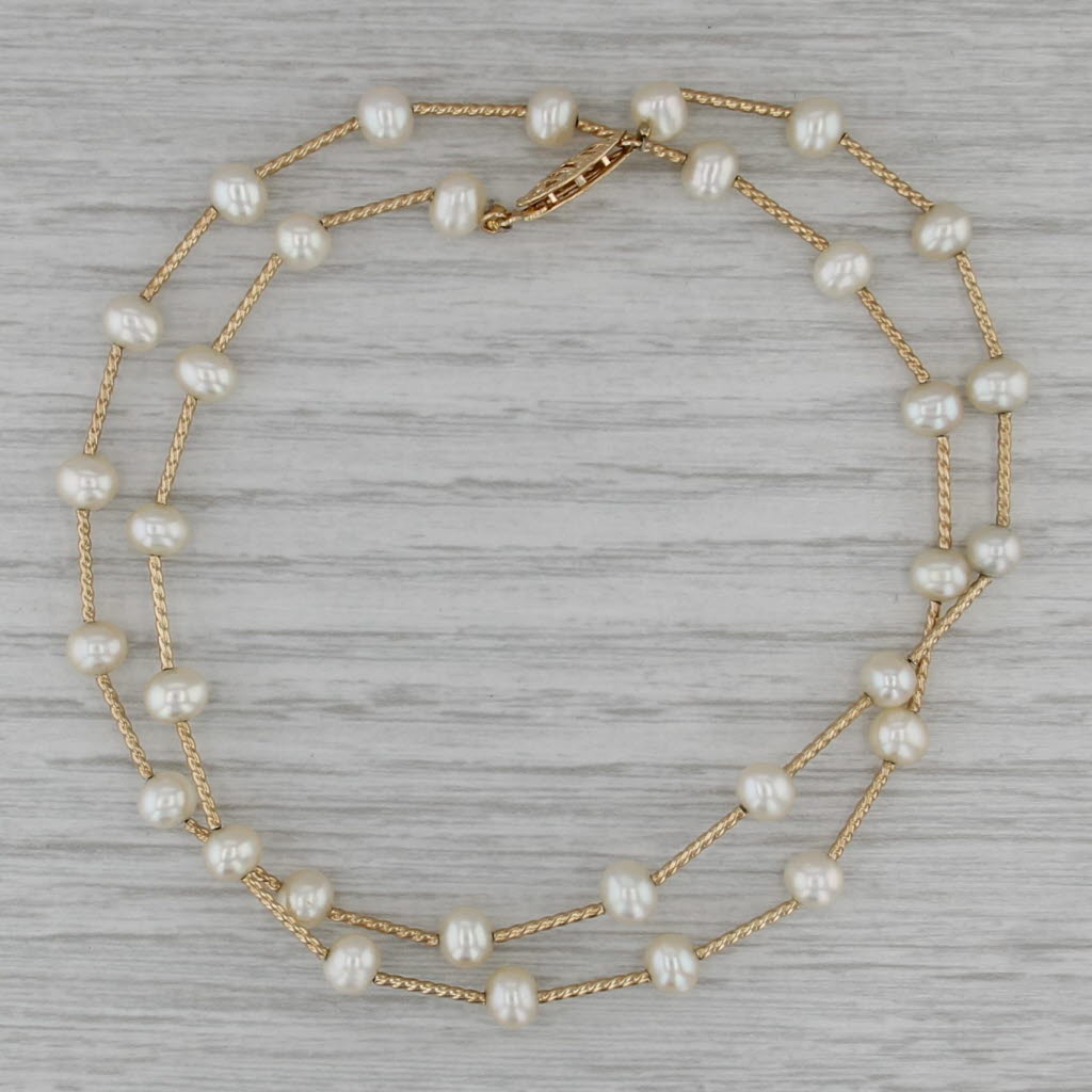 Cultured Pearl Bead Bar Link Necklace 14k Yellow Gold 18.25"