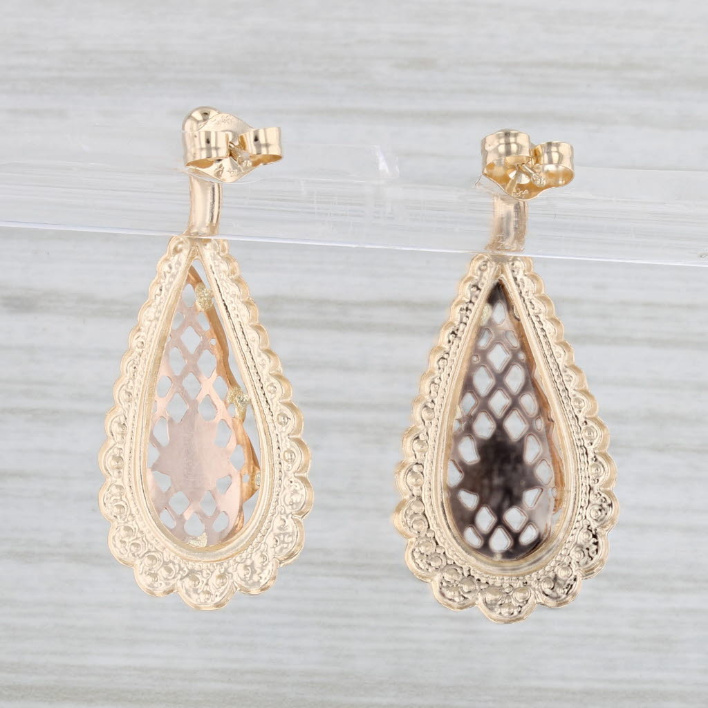 Light Gray Floral Lattice Work Teardrop Earrings 14k Yellow Rose Gold Pierced Drops