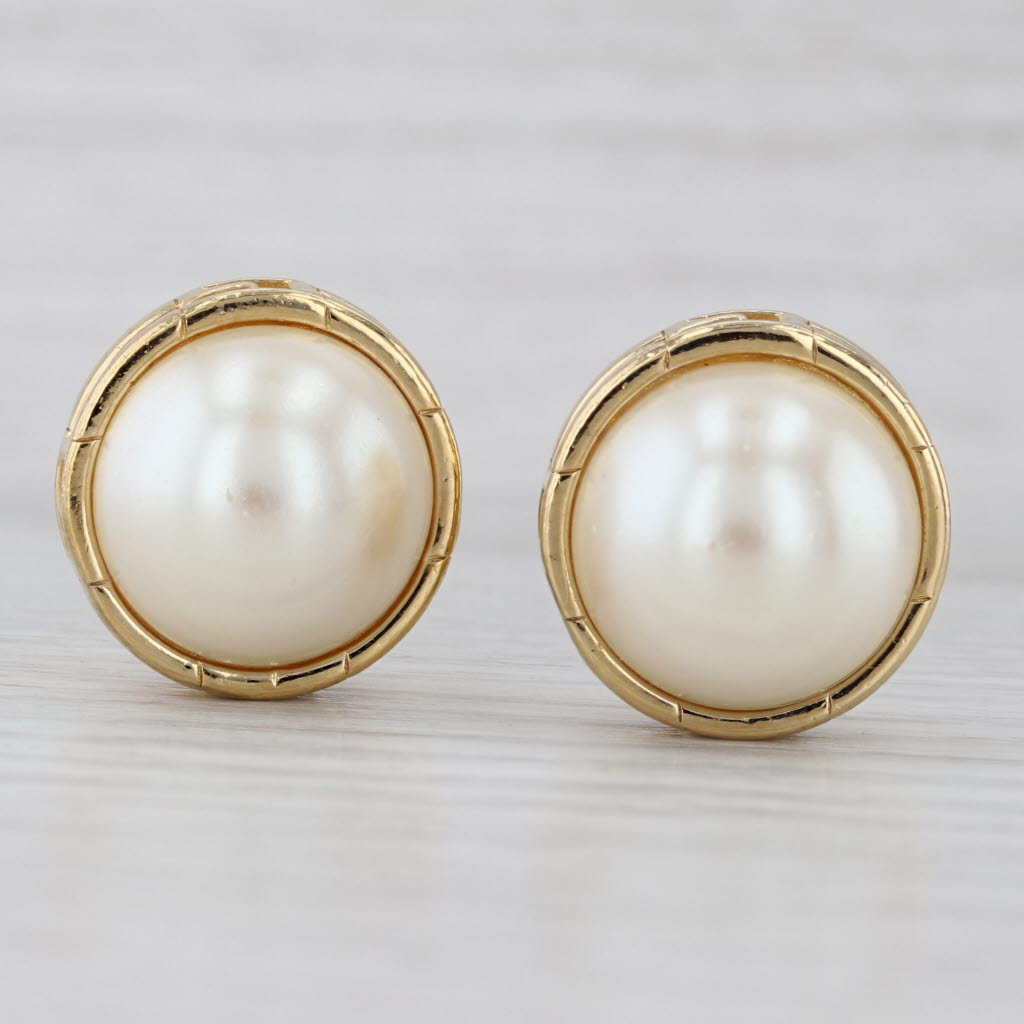 Light Gray Givenchy Imitation Mabe Pearl Earrings Clip On Studs Gold Toned