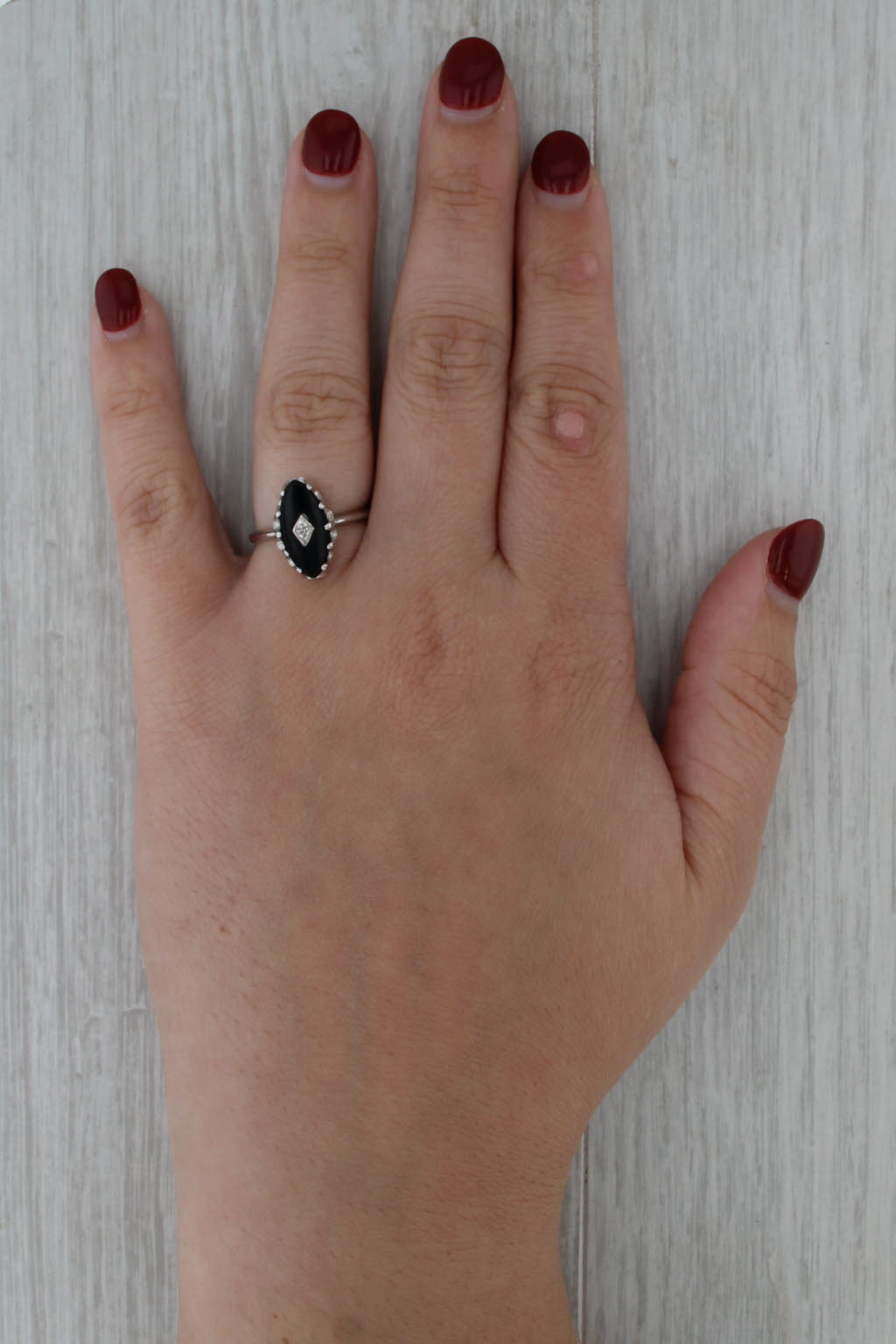 Vintage Navette Onyx Diamond Signet Ring 10k White Gold Size 7