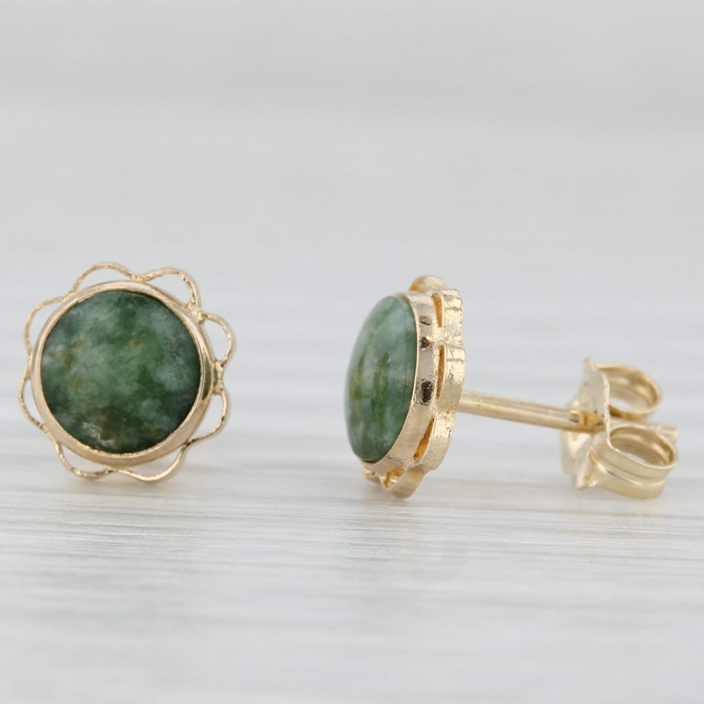 Light Gray Green Nephrite Jade Stud Earrings 10k Yellow Gold Round Cabochon Solitaires