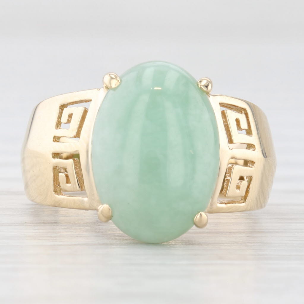 Light Gray Green Jadeite Jade Oval Cabochon Ring 14k Gold Greek Key Pattern Size 6.25
