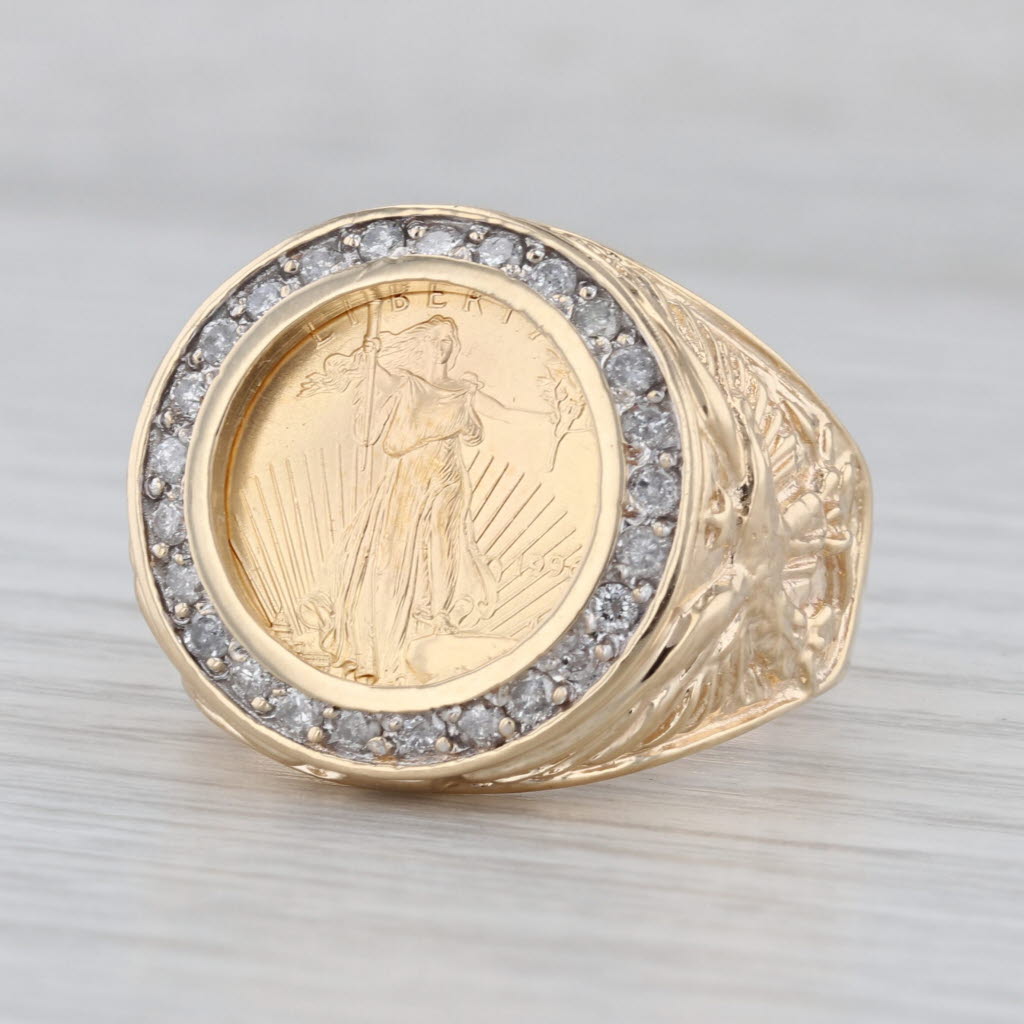 0.35ctw Diamond Halo American Gold Eagle Coin Ring 10k 22k Gold Size 12.5