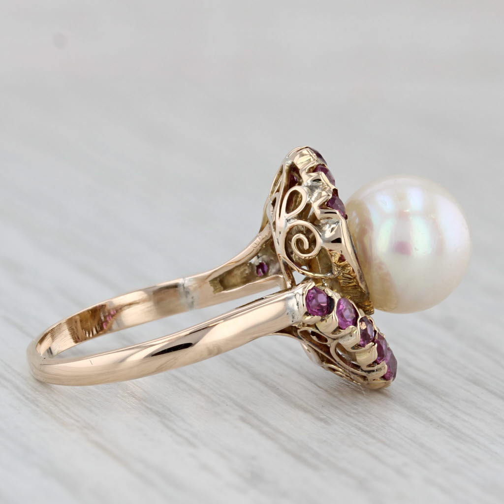 Gray Retro Cultured Pearl Ruby Ring 14k Yellow Gold Size 7.25 Cocktail